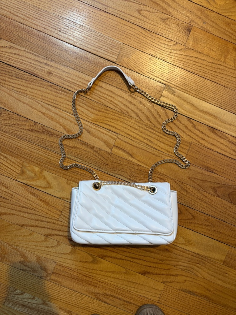 White Quilted Shoulder Bag with Gold Chain Strap